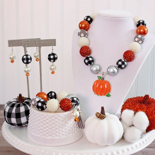 BUFFALO PLAID PUMPKIN Necklace, Fall Statement Necklace, Black Ivory Orange Grey Beads, Child to Adult Size Chunky Bead Necklace Bracelet