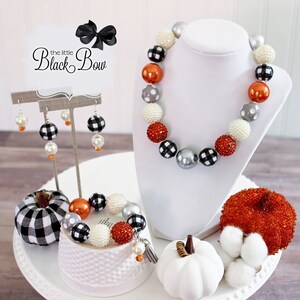 BUFFALO PLAID AUTUMN Necklace, Fall Statement Necklace, Black Ivory Orange Grey Beads, Child to Adult Size Chunky Bead Necklace Bracelet