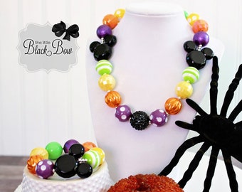 BOO TO YOU Hidden Mickey Necklace, Halloween Jewelry, Black Orange Yellow Green Purple Beads, Child to Adult Size Beaded Statement Necklace