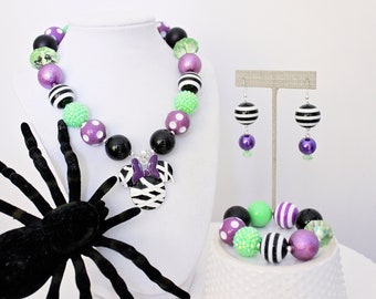 MUMMY MINNIE Halloween Chunky Necklace, Black Purple Green Beads, Halloween Jewelry, Beaded Statement Necklace Bracelet Earrings