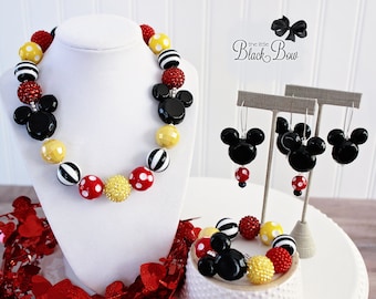 MOUSE EARS Chunky Necklace, Classic Red, Gold & Black Mickey Beads, Child or Adult Size Bubblegum Gumball Girls Beaded Statement Necklace