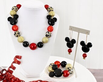MICKEY FOREVER Chunky Necklace, Classic Red, Gold & Black Mickey Beads, Child or Adult Size Gumball Girls Beaded Statement Necklace Gift