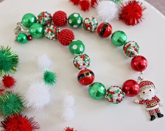 SANTA CLAUS Christmas Necklace, Chunky Bracelet, Red & Green Beads, Child or Adult Size Bubblegum Gumball Beaded Chunky Statement Necklace