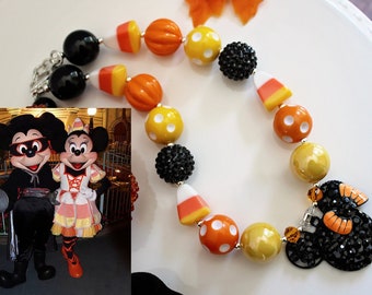 CANDY CORN MINNIE Chunky Necklace, Halloween Jewelry, Orange Yellow Black Beads, Child to Adult Beaded Statement Necklace Bracelet Earrings