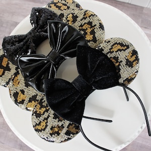 LEOPARD PRINT Mouse Ears Headband, Mickey Ears, Leopard Print Sequin, Black Bow, Cadeau Disney, Minnie Ears, Animal Kingdom Safari Headband