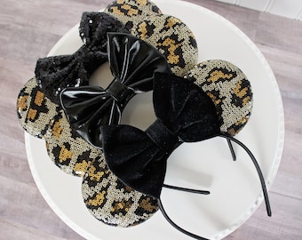 LEOPARD PRINT Mouse Ears Headband, Mickey Ears, Leopard Print Sequin, Black Bow, Disney Gift, Minnie Ears, Animal Kingdom Safari Headband