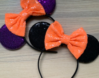 HALLOWEEN Mouse Ears Headband, Disney Halloween Party Mickey Ears, Sequin Ears, Disney Gift, Minnie Ears, Orange & Purple Ears Headband