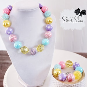 PASTEL EASTER Necklace, Easter Chunky Necklace, Pink Purple Blue Yellow Beads, Child or Adult Size Bubblegum Gumball Girls Jewelry