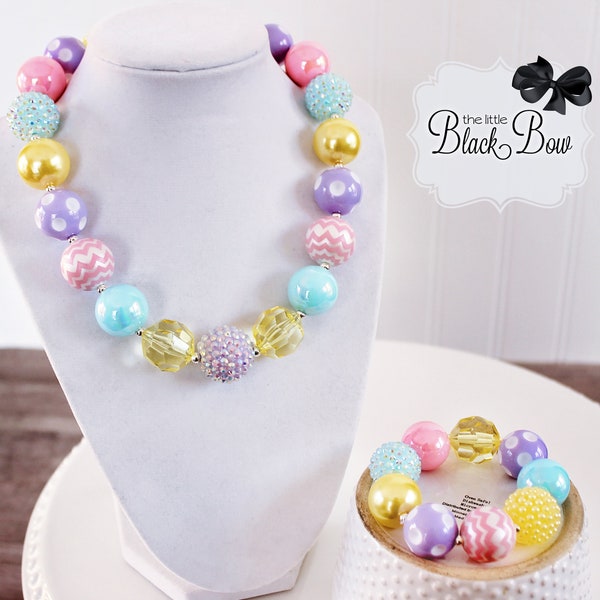 PASTEL EASTER Necklace, Easter Chunky Necklace, Pink Purple Blue Yellow Beads, Child or Adult Size Bubblegum Gumball Girls Jewelry