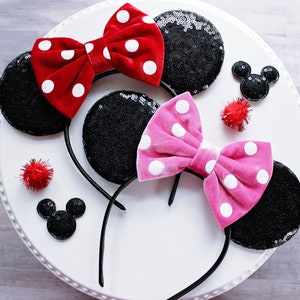 MISS MOUSE Ears Headband, Velvet Polka Dot Bow, Sequin Mickey Ears, Disney Gift, Minnie Ears, Minnie Mouse Costume, Classic Disney Ears