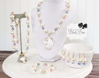 MRS POTTS and CHIP Inspired "Mommy & Me" Necklace Set, Ivory Pink Purple Blue Beads, Child to Adult Size Girls Necklace, Disneybound