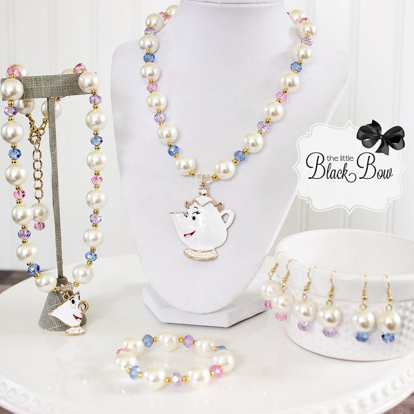 MRS POTTS and CHIP Inspired "Mommy & Me" Necklace Set, Ivory Pink Purple Blue Beads, Child to Adult Size Girls Necklace, Disneybound