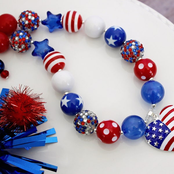LAND THAT I LOVE July 4th Chunky Necklace Red, White, Blue Beads, American Flag, Child to Adult Size Beaded Patriotic Statement Jewelry