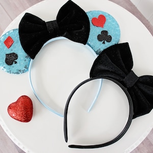 ALICE IN WONDERLAND Mouse Ears, Black Velvet Bow Headband, Blue Sequin Ears, Disney Gift, Minnie Ears, Mickey Ears Headband, Alice Costume