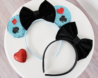 ALICE IN WONDERLAND Mouse Ears, Black Velvet Bow Headband, Blue Sequin Ears, Disney Gift, Minnie Ears, Mickey Ears Headband, Alice Costume