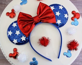 PATRIOTIC MOUSE EARS Headband, Red White Blue, Stars & Stripes Sequin Mickey Ears, July 4th, Disney Gift, American Flag Minnie Ears Headband