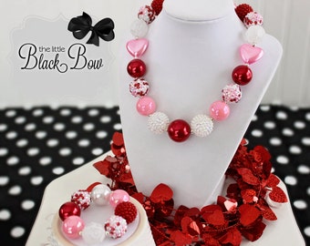 LOVE ALWAYS Valentine Necklace, Valentine's Chunky Necklace, Red Pink White Beads Child to Adult Size Statement Necklace Bracelet Earrings