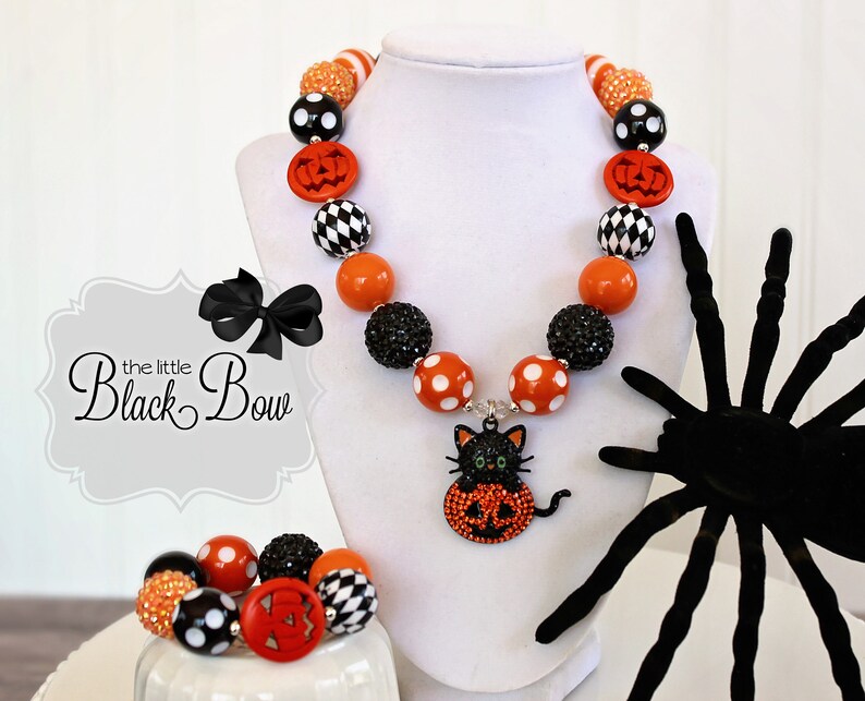 PEEK-A-BOO KITTY Necklace Black Orange Beads Child Size Beaded Statement Necklace Bracelet Earrings Adult Halloween Pumpkin Jewelry