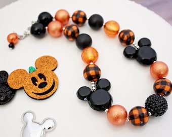 HALLOWEEN PLAID Mouse Ears Necklace, Halloween Jewelry, Black & Orange Buffalo Plaid Beads, Child to Adult Size Beaded Statement Necklace