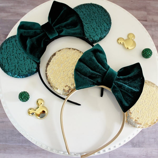 EMERALD GREEN Mouse Ears Headband, Fall & Christmas Mickey Ears, Gold Emerald Sequin Ears, Disney Gift, Minnie Ears Headband, Velvet Bow