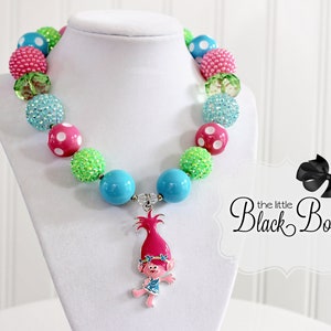 PRINCESS POPPY Beaded Chunky Necklace, Trolls Necklace, Pink, Green & Aqua Blue Beads, Child to Adult Size Statement Necklace Jewelry
