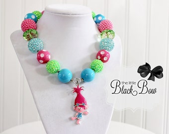 PRINCESS POPPY Beaded Chunky Necklace, Trolls Necklace, Pink, Green & Aqua Blue Beads, Child to Adult Size Statement Necklace Jewelry