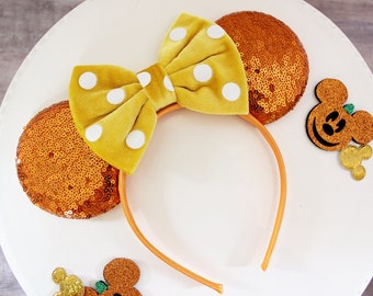 FALL COLORS Mouse Ears Headband, Velvet Polka Dot Bow Mickey Ears, Orange Sequin Ears, Disney Gift, Minnie Ears, Ears Headband, MNSSHP