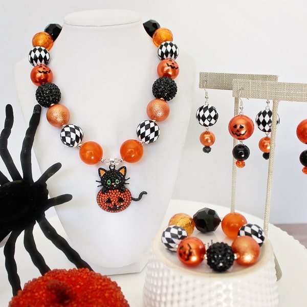 PEEK-A-BOO KITTY Necklace, Halloween Pumpkin Jewelry, Black Orange Beads, Adult, Child Size Beaded Statement Necklace Bracelet Earrings