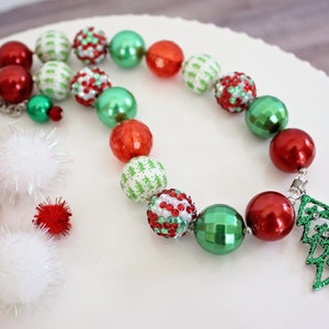 CHRISTMAS TREE Statement Necklace, Chunky Bracelet, Red & Green Beads, Child or Adult Size Gumball Jewelry, Vintage Look Holiday Jewelry