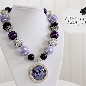 HITCHHIKING GHOSTS Necklace, Haunted Mansion Chunky Necklace, Black Silver Purple, Child Toddler Baby Size Bubblegum Gumball Bead Necklace