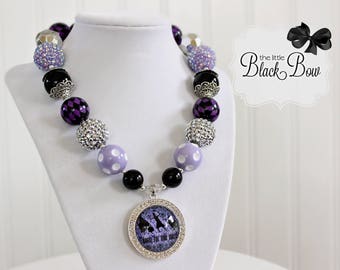 HITCHHIKING GHOSTS Necklace, Haunted Mansion Chunky Necklace, Black Silver Purple, Child Toddler Baby Size Bubblegum Gumball Bead Necklace