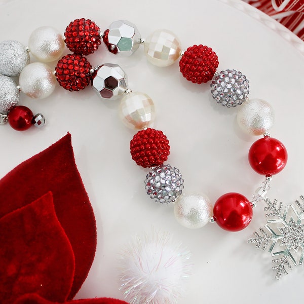 FESTIVE SNOWFLAKE Christmas Necklace, Stretch Bracelet, Red Silver Ivory Chunky Beads, Child to Adult Size Beaded Statement Necklace