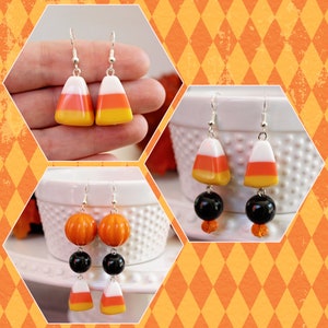 CANDY CORN Earrings, Halloween Dangle Earrings, Orange, Yellow & Black Beads, Festive Halloween Jewelry