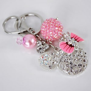 MISS MOUSE Key Chain, Mouse Ears Key Ring, Key Fob Rhinestone Pendant Keychain, Beaded Dangle, Womens Gift, Christmas Gift for Girls