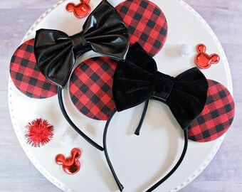 NWOT Disney Parks Christmas Holiday Ear Headband Black Sequin Buffalo Plaid Bow New Plaid Hat Mickey Ear Headband Arrives at Disney main image 4