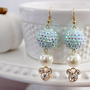 ENCHANTED CARRIAGE Cinderella Earrings, Mouse Charm Dangle Earrings, Blue & Ivory Beads, Disney Gift Jewelry, Mickey Earrings