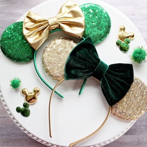 ST PATRICKS DAY Mouse Ears Headband, Velvet Bow Mickey Ears, Green & Gold Sequin Ears, Disney Gift, Minnie Ears, Ears Headband, Velvet Bow