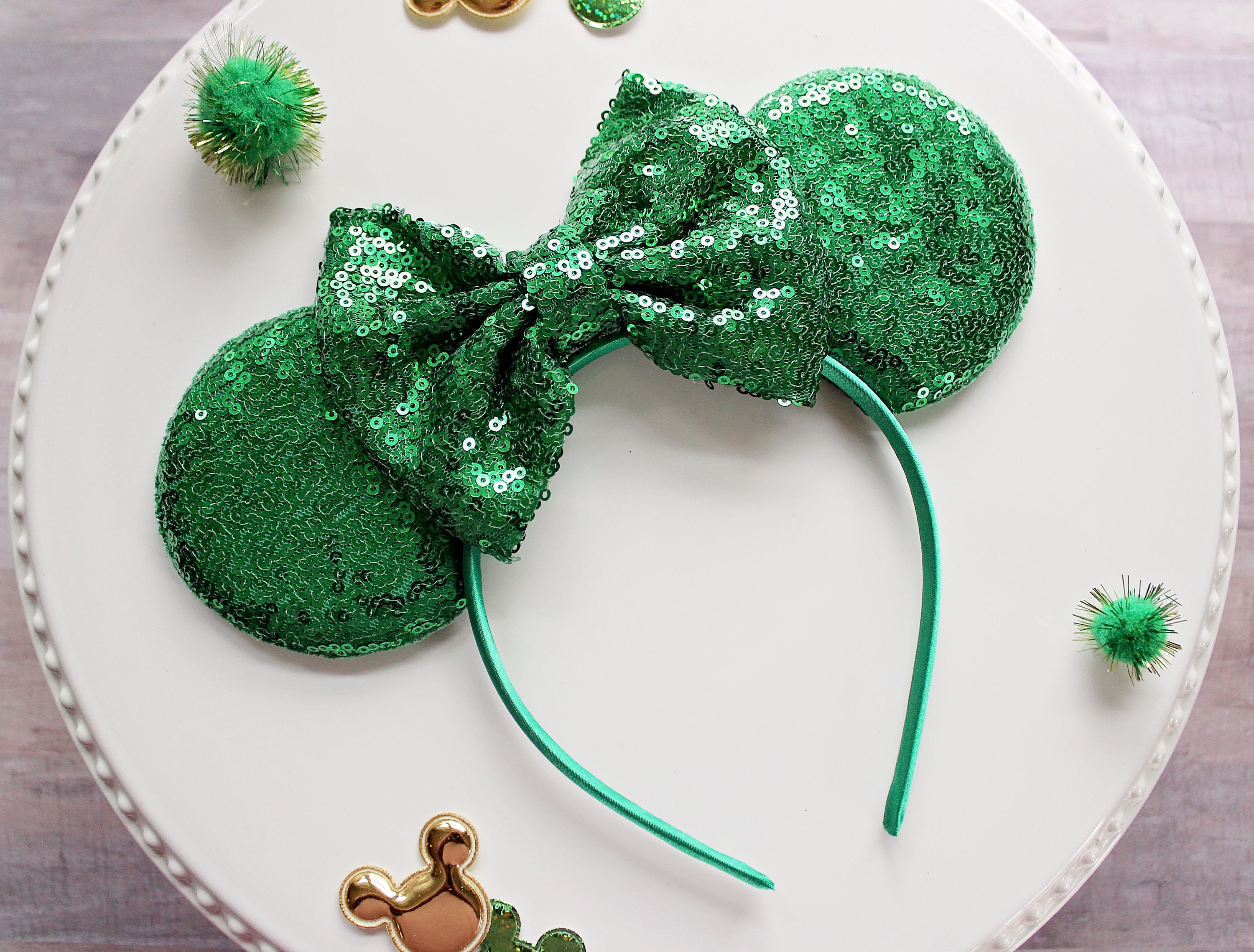 ST PATRICKS DAY Mouse Ears Headband, Sequin Bow Mickey Ears 