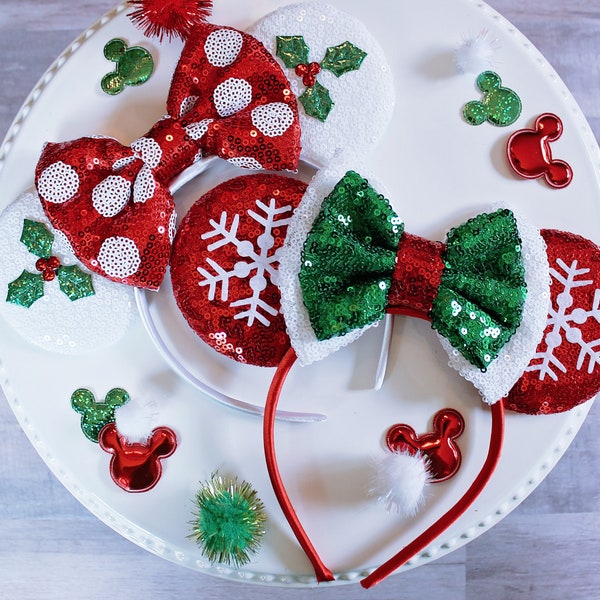 CHRISTMAS MOUSE EARS Headband, Merry Minnie Ears, Red Green & White Sequin Ears, Disney Gift, Christmas Mickey Ears, Christmas Ears Headband