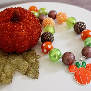 CUTEST PUMPKIN in the PARK Fall Minnie Necklace, Brown Orange & Lime Green Bead, Child to Adult Size Chunky Bead Necklace Bracelet Jewelry image 1