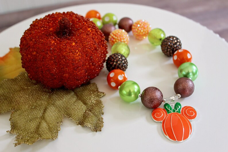 CUTEST PUMPKIN in the PARK Fall Minnie Necklace, Brown Orange & Lime Green Bead, Child to Adult Size Chunky Bead Necklace Bracelet Jewelry image 1