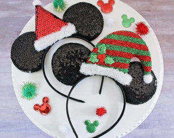 SANTA Disney Ears Headband, Christmas Mickey Ears, Santa Hat or Elf Hat on Sequin Ears, Disney Gift, Minnie Ears, Ears Headband