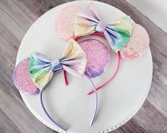 SPRING WATERCOLOR Mouse Ears Headband, Iridescent Rainbow Bow Mickey Ears, Pink or Purple Sequin Ears, Disney Gift, Minnie Ears Headband