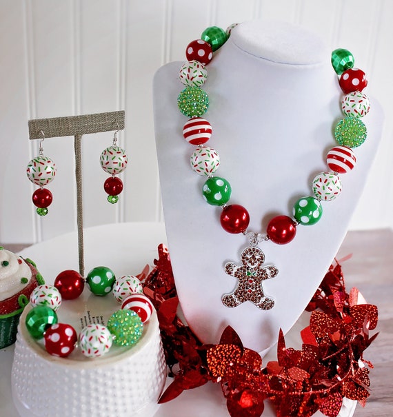 CHRISTMAS SPRINKLES Chunky Necklace Chunky Bracelet Red Green Beads Adult Child Toddler Size Gumball Beaded Chunky Bead Necklace Etsy