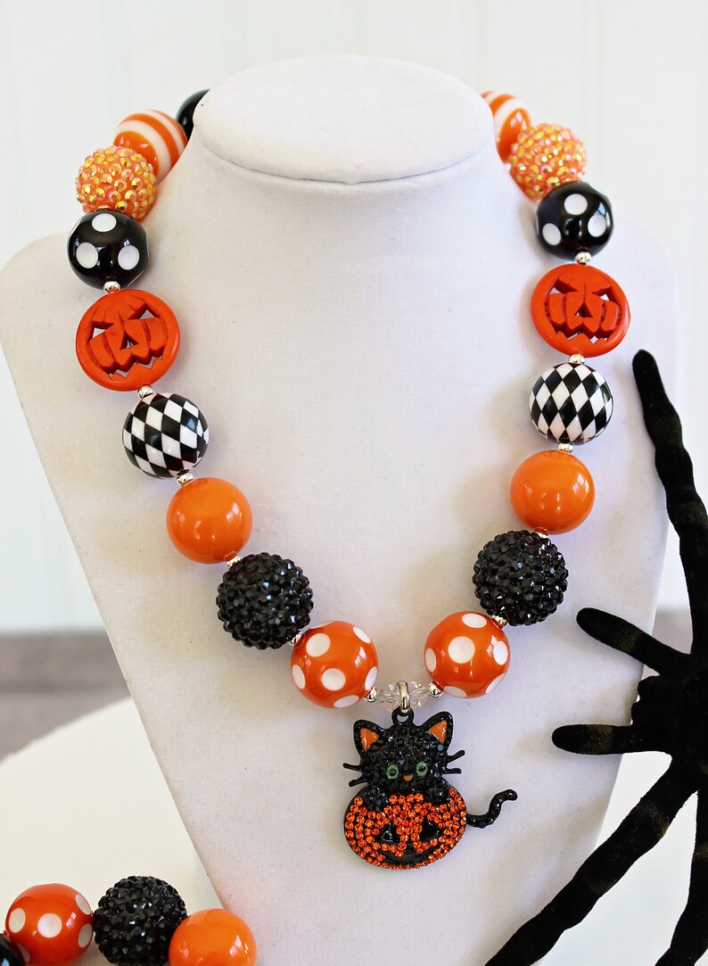 PEEK-A-BOO KITTY Necklace Black Orange Beads Child Size Beaded Statement Necklace Bracelet Earrings Adult Halloween Pumpkin Jewelry