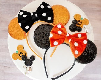 HALLOWEEN Mouse Ears Headband, Velvet Polka Dot Bow Mickey Ears, Orange Sequin Ears, Disney Gift, Minnie Ears, Ears Headband, MNSSHP