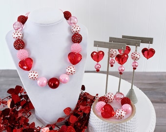 VALENTINE Chunky Necklace, Valentine's Day Jewelry, Red & Pink Beads, Child to Adult Size Statement Necklace, Valentine's Heart Bracelet