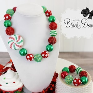 PEPPERMINT SWIRL Christmas Statement Necklace, Chunky Bracelet, Red & Green Beads, Child or Adult Size Jewelry, Holiday Choker Necklace