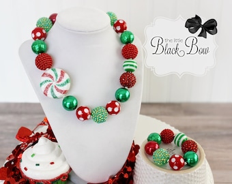 PEPPERMINT SWIRL Christmas Statement Necklace, Chunky Bracelet, Red & Green Beads, Child or Adult Size Jewelry, Holiday Choker Necklace