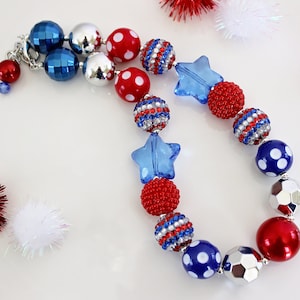 LAND OF LIBERTY Chunky Necklace Red, Silver, Blue Beads, 4th of July Bracelet, Child to Adult Size Beaded Patriotic Statement Necklace